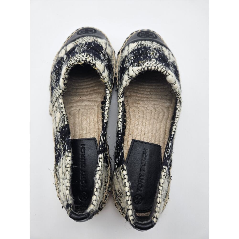 Tory Burch Logo Espadrille Flats Black Ivory Tweed Round Toe Slip-On sz 6.5 - Picture 4 of 8